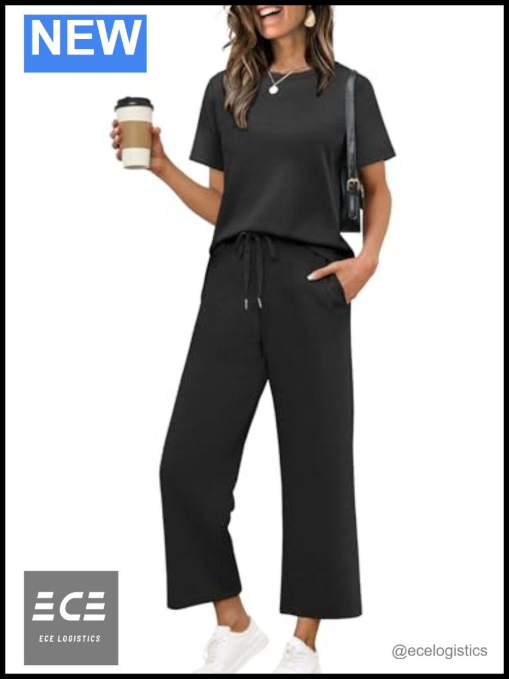 Women's 2 Piece Lounge Set Short Sleeve Tunic Top Wide Leg Crop Pants